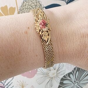 Vintage Gold-Tone Metal Mesh Floral Petit Point Bracelet